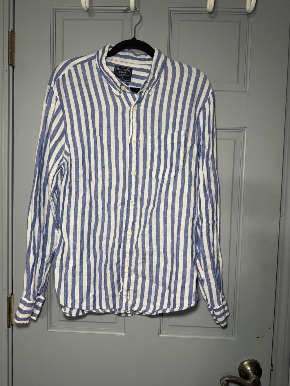 Abercrombie & Fitch 100% Linen Blue White Stripe Button Shirt M